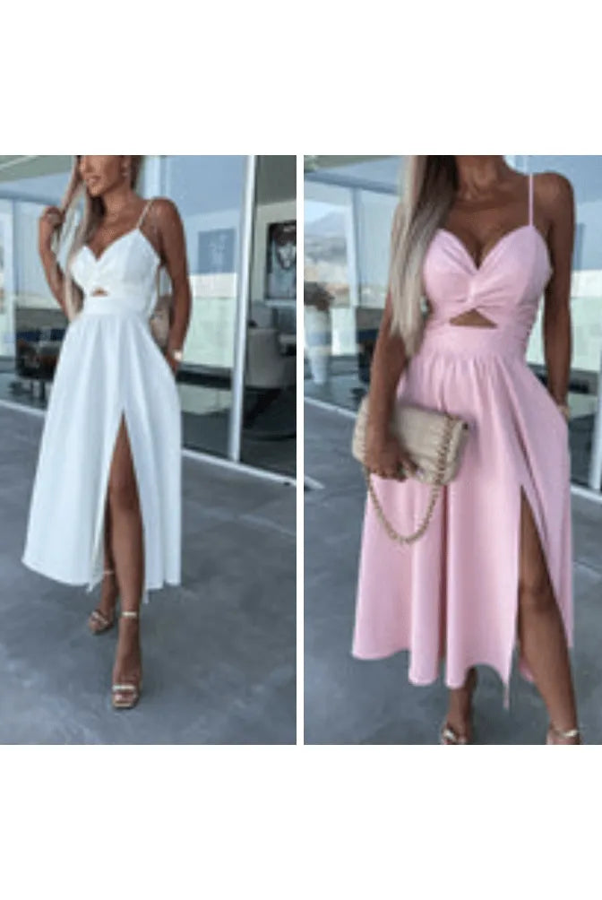 Vanette - Elegant Strappy Front Slit Midi Dress