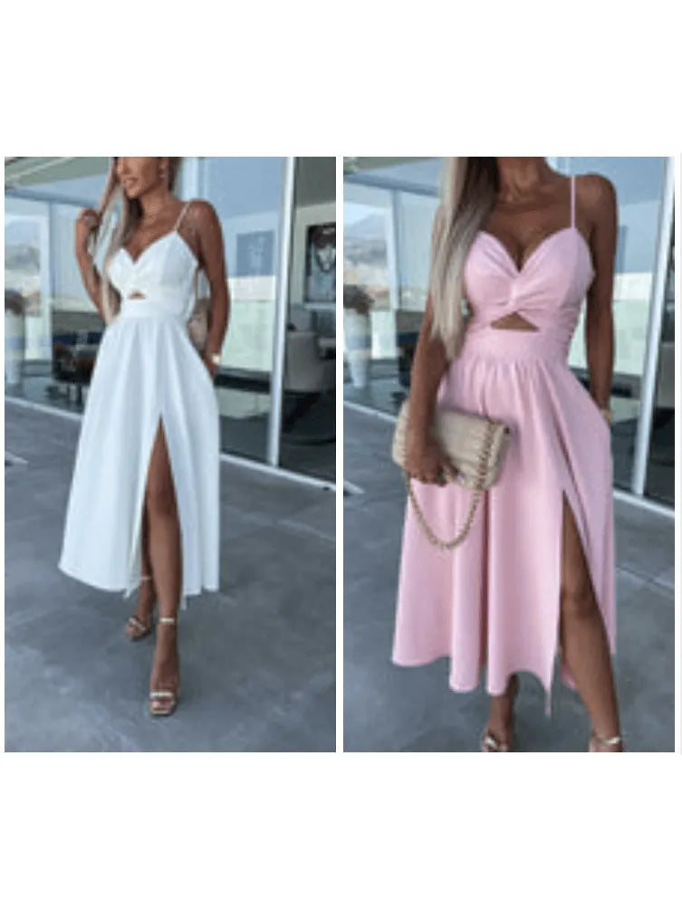 Vanette - Elegant Strappy Front Slit Midi Dress