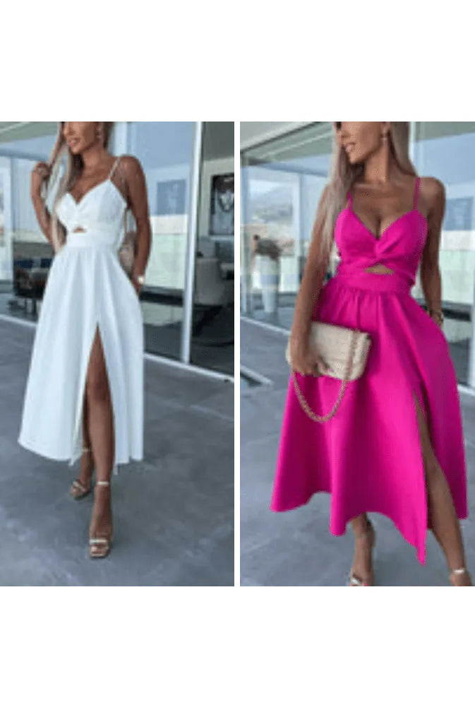 Vanette - Elegant Strappy Front Slit Midi Dress