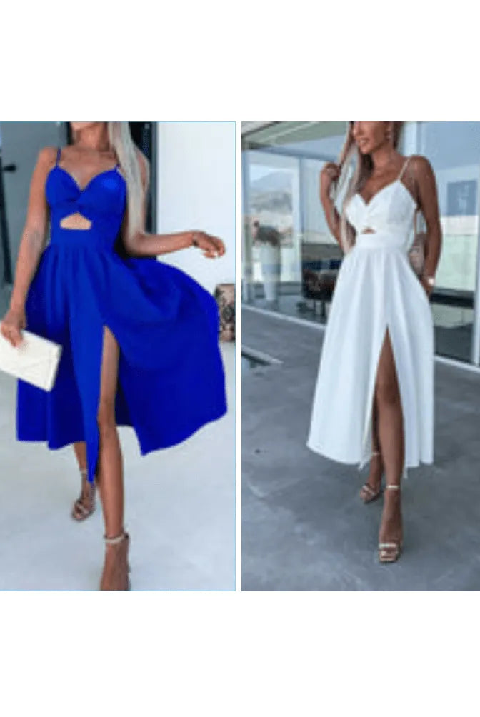 Vanette - Elegant Strappy Front Slit Midi Dress