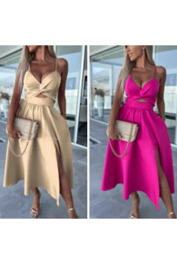 Vanette - Elegant Strappy Front Slit Midi Dress
