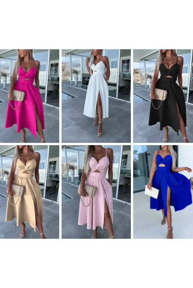 Vanette - Elegant Strappy Front Slit Midi Dress