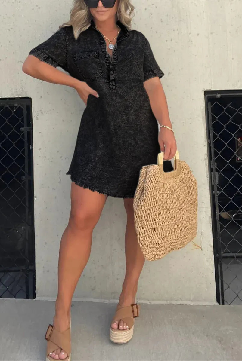 Women's Denim Shirt Dress - Short Sleeve Button Down - Casual Relaxed Fit by Lumina Vancouver