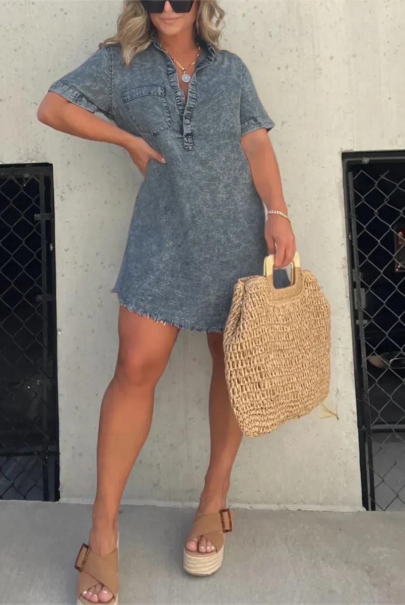 Women's Denim Shirt Dress - Short Sleeve Button Down - Casual Relaxed Fit by Lumina Vancouver