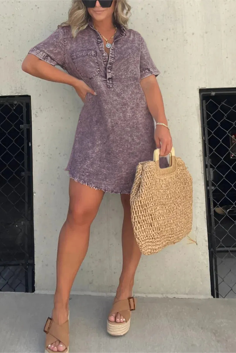 Women's Denim Shirt Dress - Short Sleeve Button Down - Casual Relaxed Fit by Lumina Vancouver