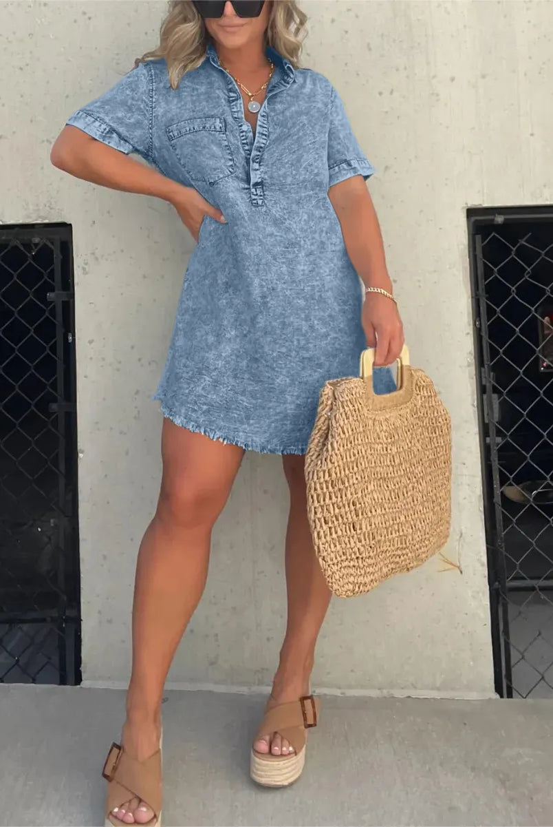 Women's Denim Shirt Dress - Short Sleeve Button Down - Casual Relaxed Fit by Lumina Vancouver