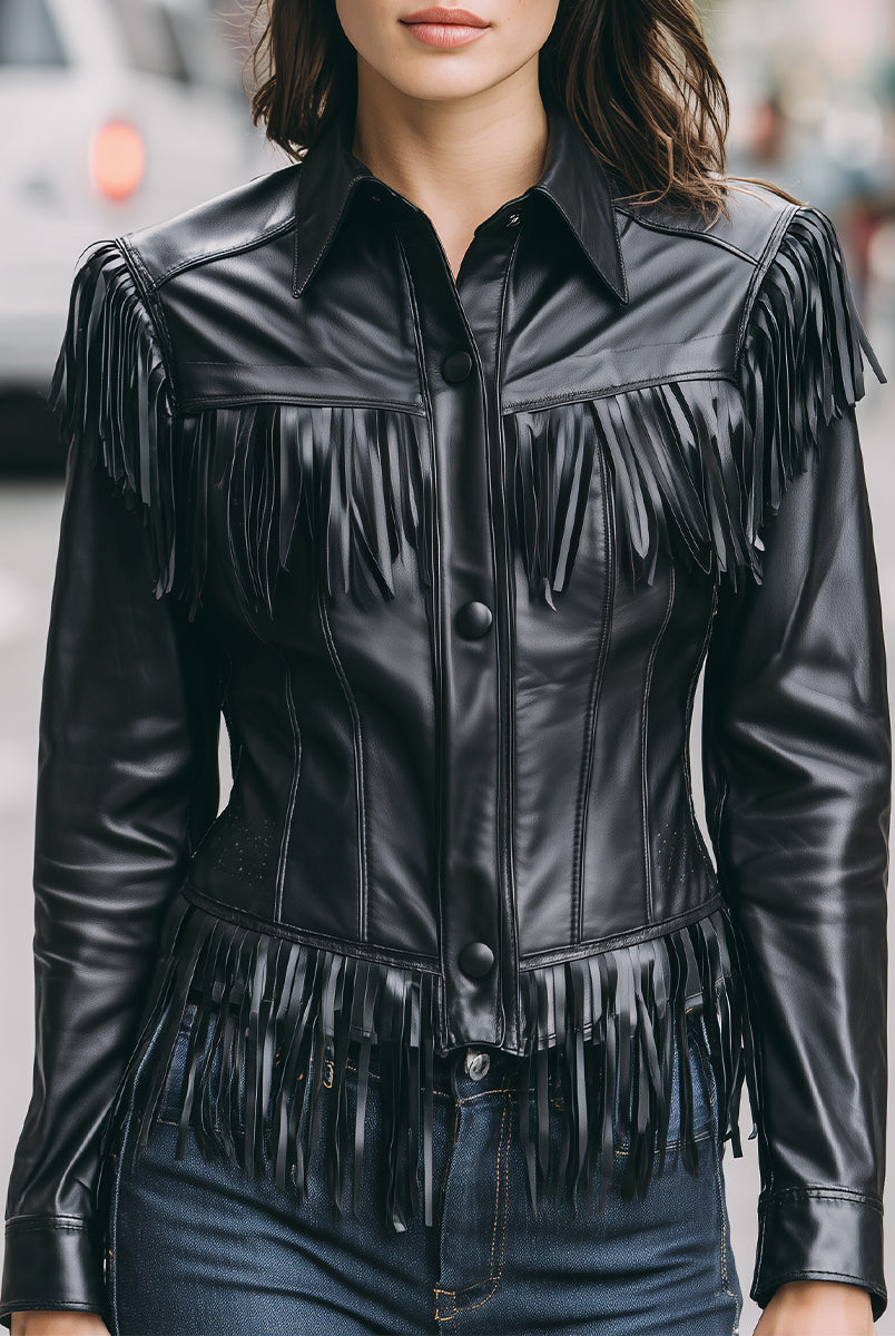 Elena | Faux Leather Jacket with Black Fringe - Lumina Vancouver - Lumina Vancouver