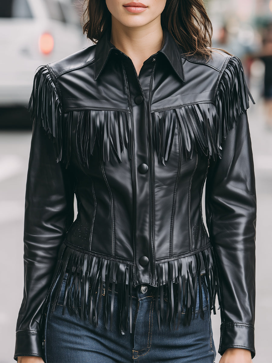 Elena | Faux Leather Jacket with Black Fringe - Lumina Vancouver - Lumina Vancouver