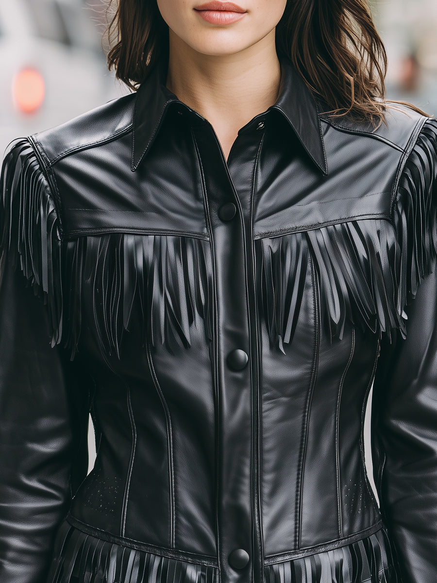 Elena | Faux Leather Jacket with Black Fringe - Lumina Vancouver - Lumina Vancouver