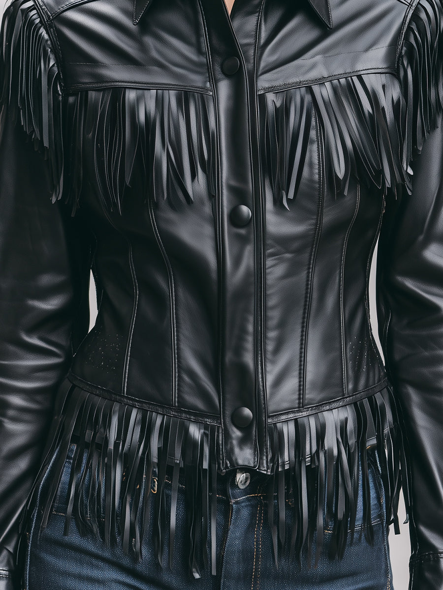 Elena | Faux Leather Jacket with Black Fringe - Lumina Vancouver - Lumina Vancouver