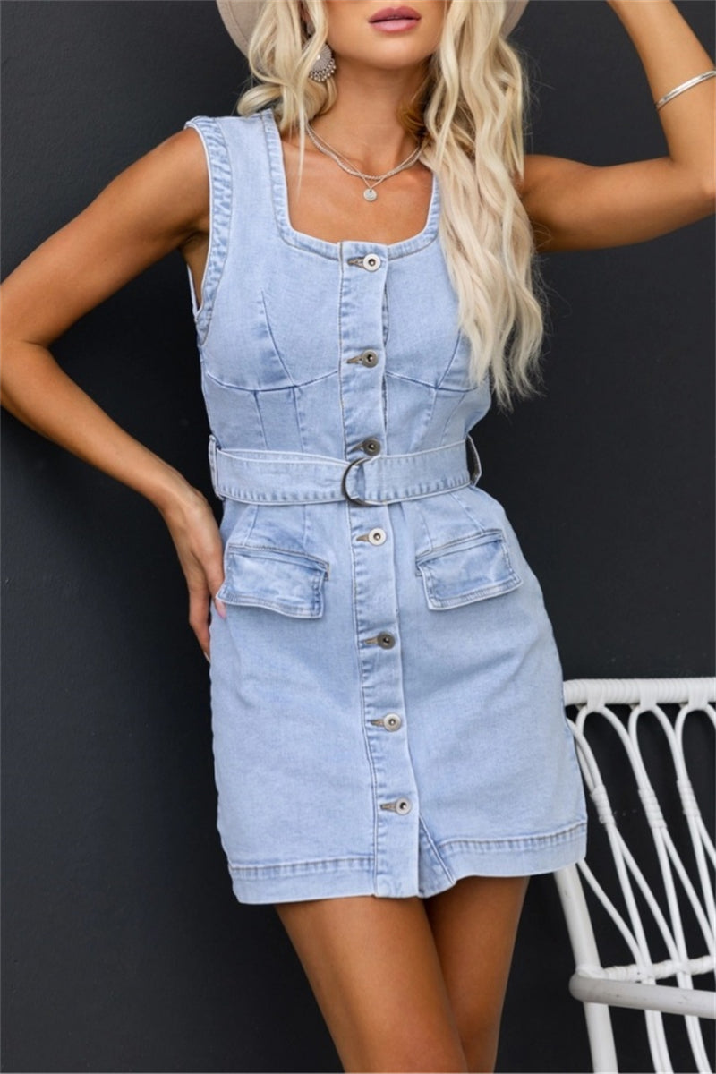 Women's Denim Dress - Sleeveless Button-Down - Belted Waist - Casual Slim Fit by Lumina Vancouver