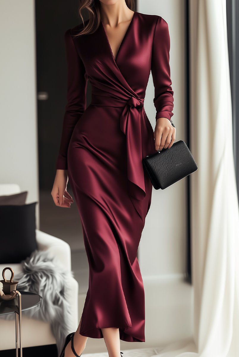 Isabelle | Burgundy Satin Wrap Dress - Lumina Vancouver - Lumina Vancouver
