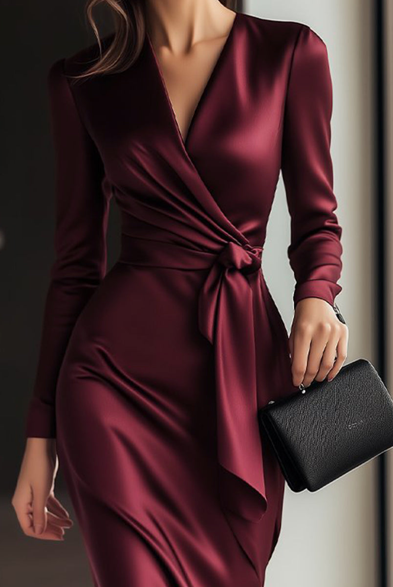 Isabelle | Burgundy Satin Wrap Dress - Lumina Vancouver - Lumina Vancouver