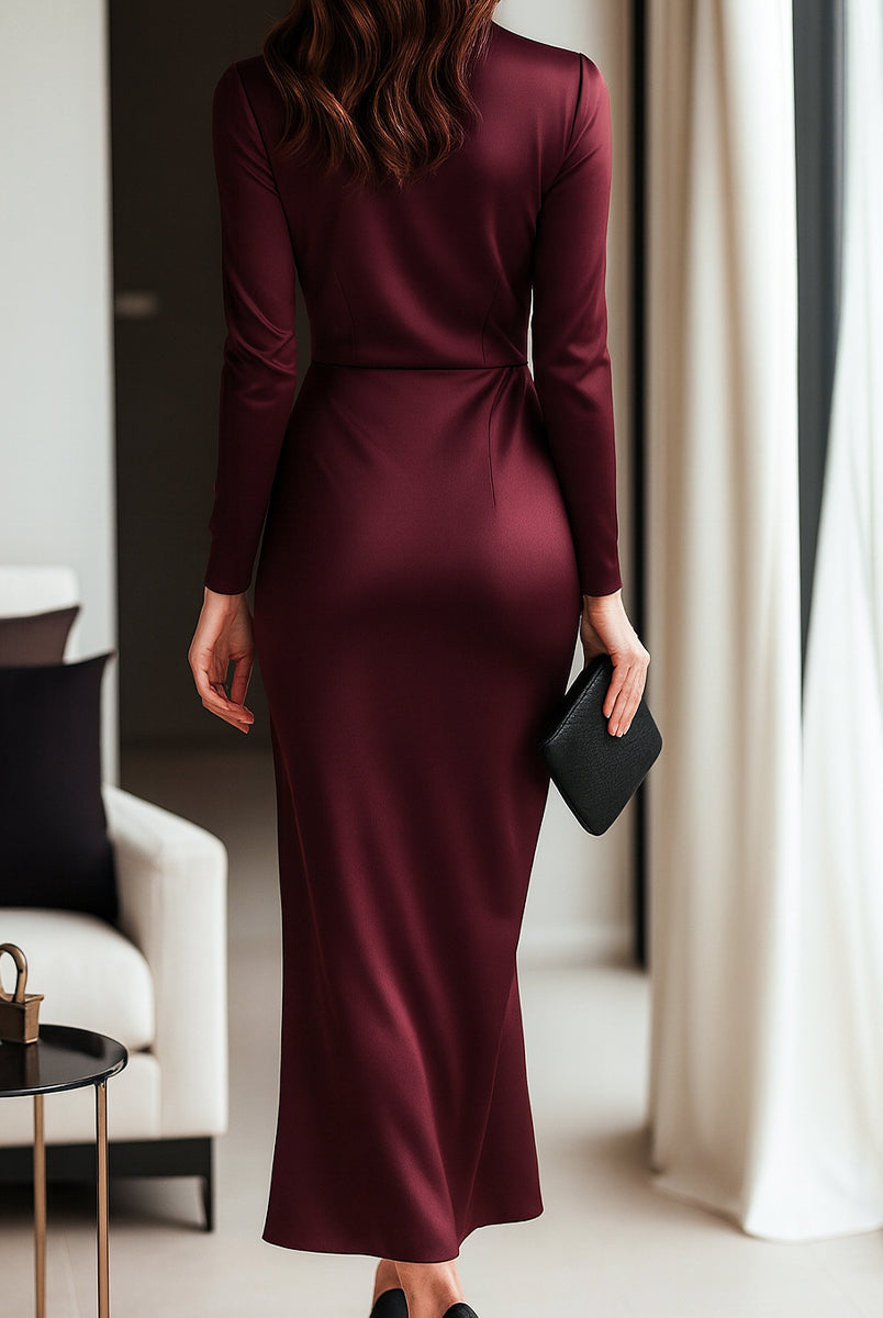 Isabelle | Burgundy Satin Wrap Dress - Lumina Vancouver - Lumina Vancouver