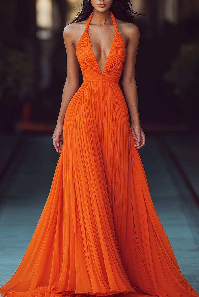 Isla | V Neck Halter Pleat Maxi Dress - Lumina Vancouver - Lumina Vancouver