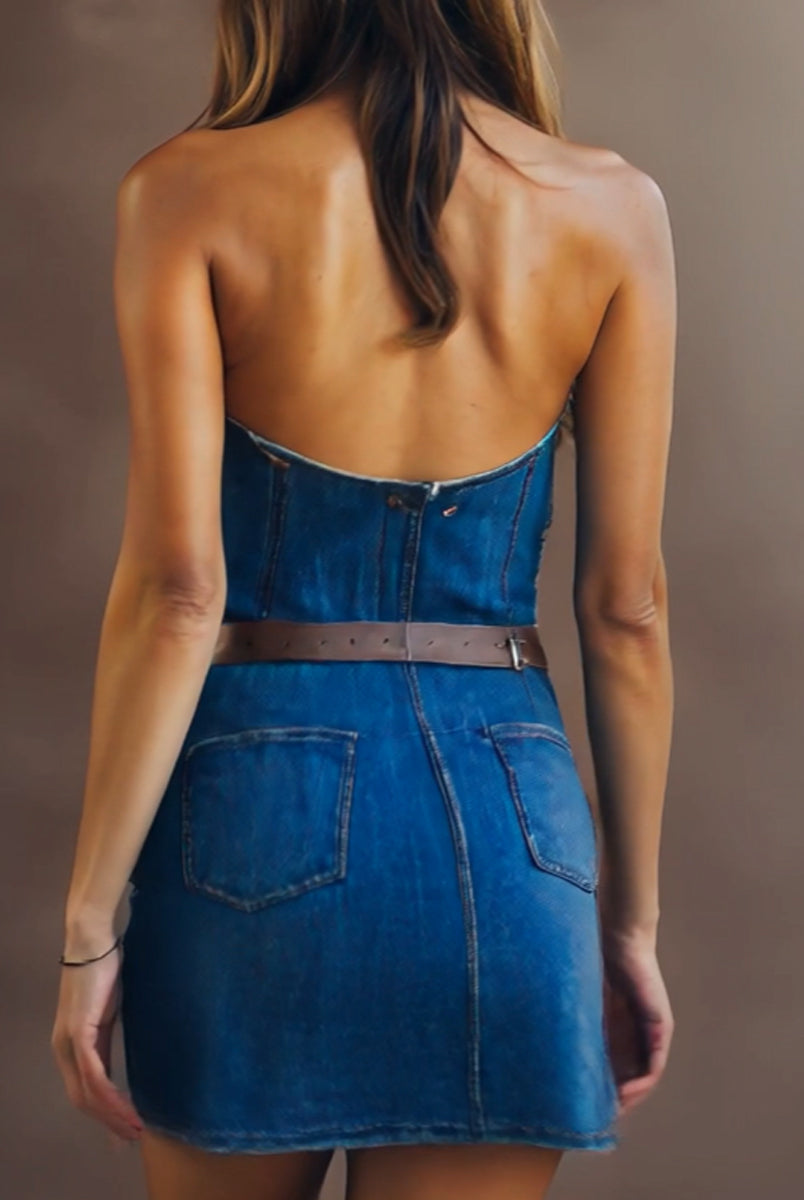 Isabelle | Halter Denim Mini Dress - Lumina Vancouver - Lumina Vancouver