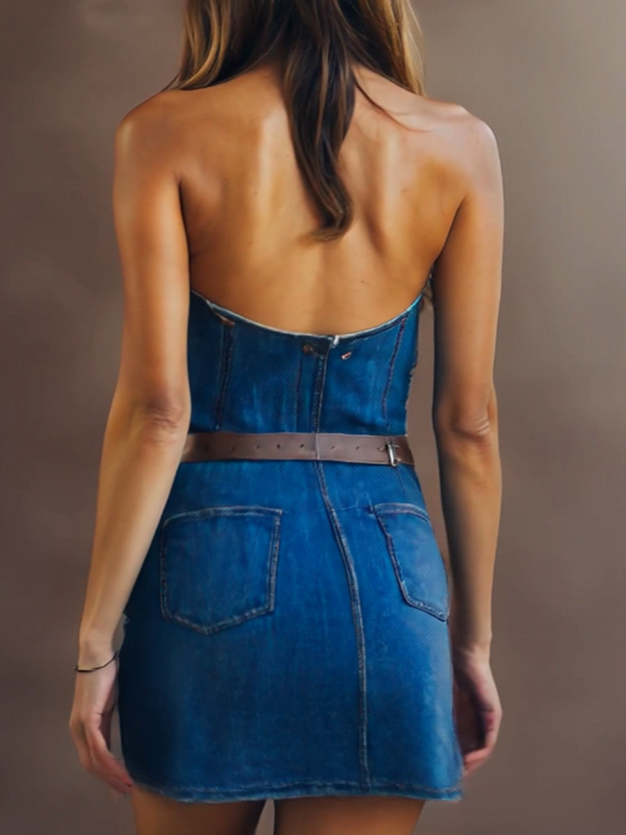 Isabelle | Halter Denim Mini Dress - Lumina Vancouver - Lumina Vancouver