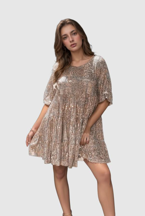 Women's Mini Dress - Loose Fit Tiered Design - Sparkling Lightweight Fabric - Elbow Sleeve by Lumina Vancouver