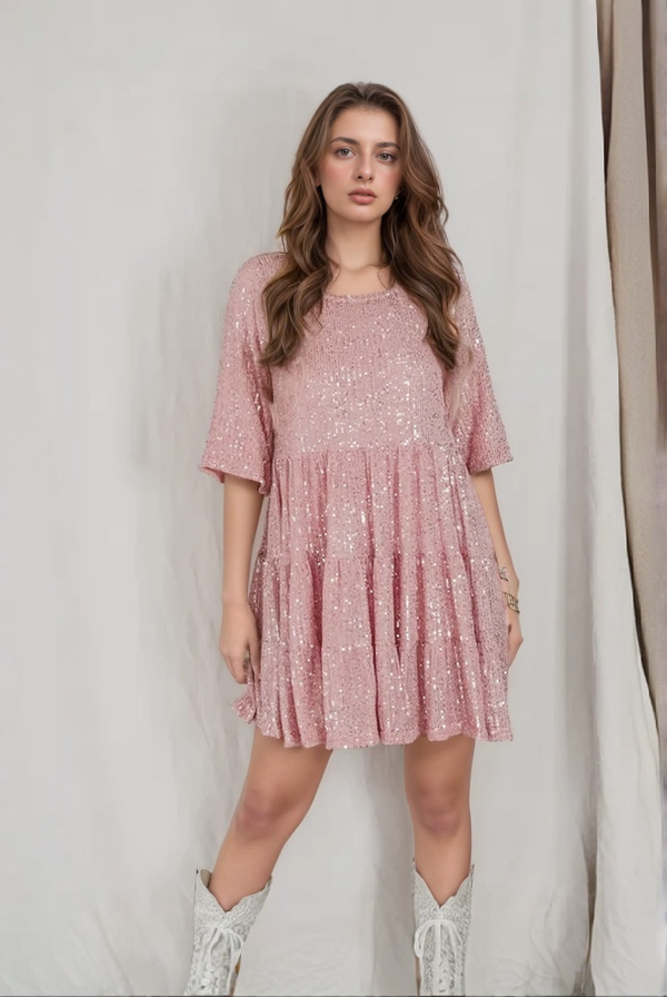Women's Mini Dress - Loose Fit Tiered Design - Sparkling Lightweight Fabric - Elbow Sleeve by Lumina Vancouver