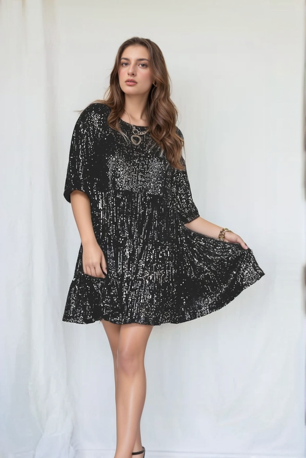 Women's Mini Dress - Loose Fit Tiered Design - Sparkling Lightweight Fabric - Elbow Sleeve by Lumina Vancouver