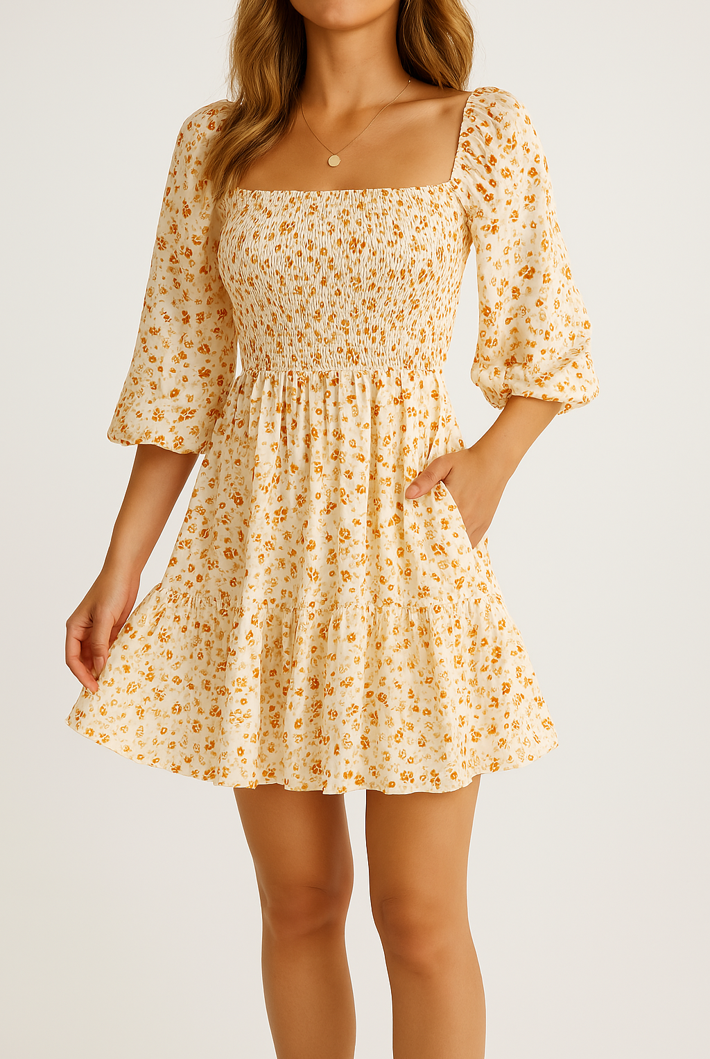 Women’s A-Line Dress – Cotton Blend – Short Sleeve – Smocked Bodice – Tiered Skirt – Pockets by Lumina Vancouver