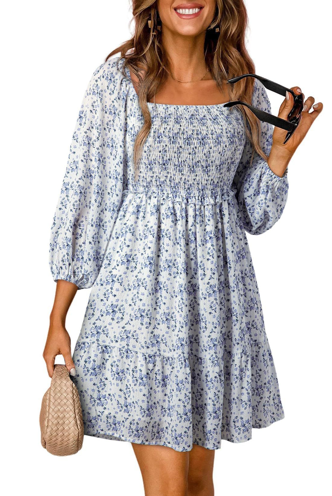 Women’s A-Line Dress – Cotton Blend – Short Sleeve – Smocked Bodice – Tiered Skirt – Pockets by Lumina Vancouver