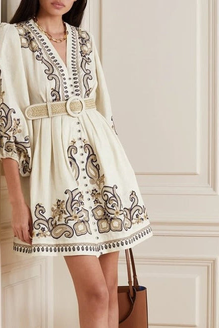 Women's Embroidered Dress - V-Neck - Three-Quarter Sleeve - Belted Waist - Boho Style by Lumina Vancouver