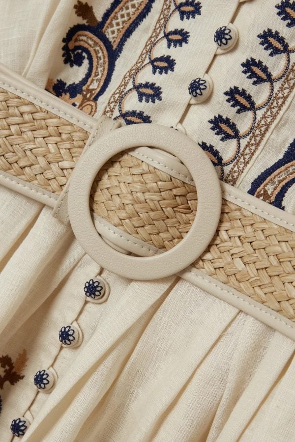 Women's Embroidered Dress - V-Neck - Three-Quarter Sleeve - Belted Waist - Boho Style by Lumina Vancouver