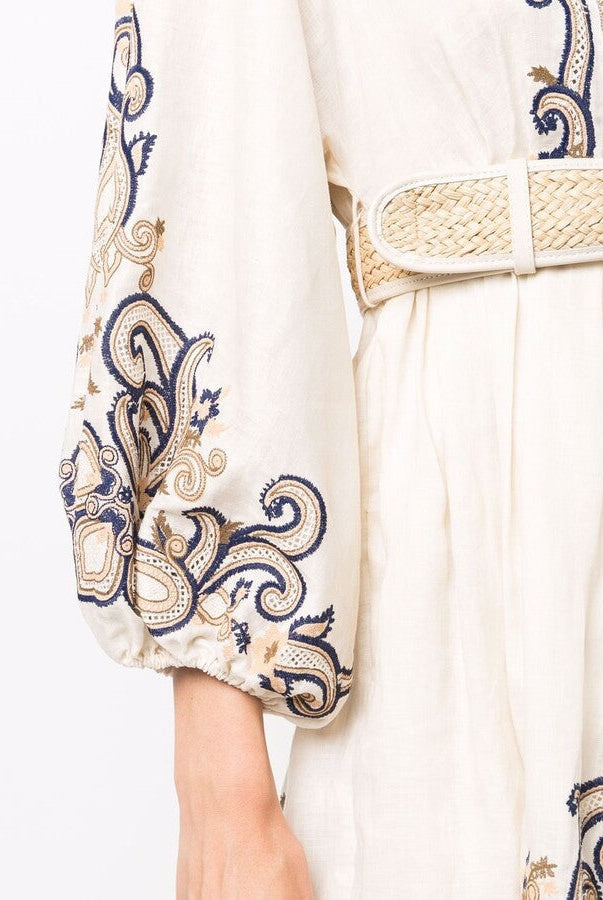 Women's Embroidered Dress - V-Neck - Three-Quarter Sleeve - Belted Waist - Boho Style by Lumina Vancouver
