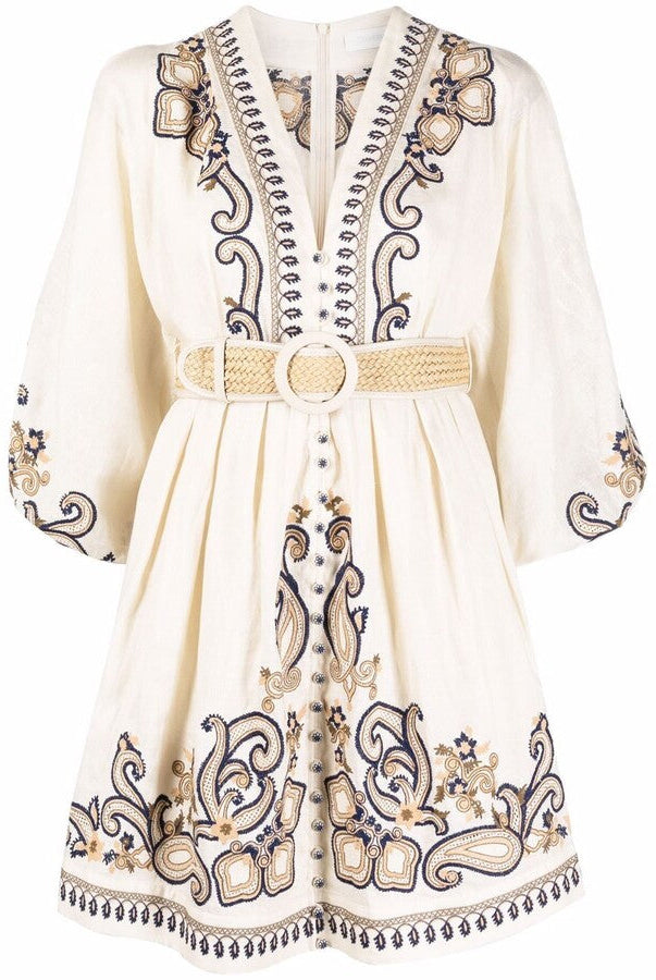 Women's Embroidered Dress - V-Neck - Three-Quarter Sleeve - Belted Waist - Boho Style by Lumina Vancouver