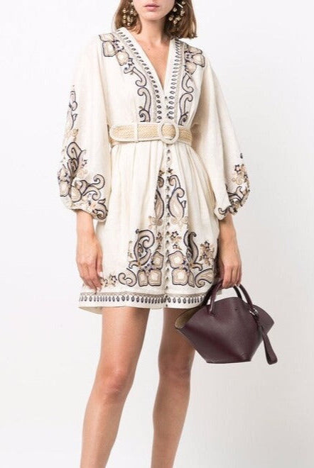 Women's Embroidered Dress - V-Neck - Three-Quarter Sleeve - Belted Waist - Boho Style by Lumina Vancouver
