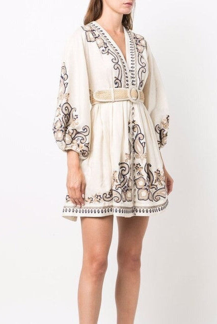 Women's Embroidered Dress - V-Neck - Three-Quarter Sleeve - Belted Waist - Boho Style by Lumina Vancouver