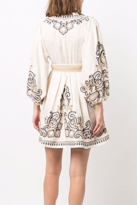 Women's Embroidered Dress - V-Neck - Three-Quarter Sleeve - Belted Waist - Boho Style by Lumina Vancouver