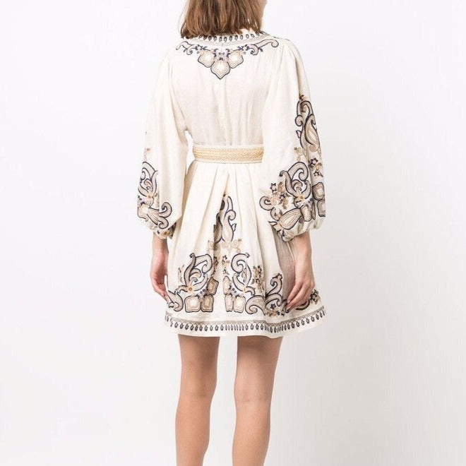 Women's Embroidered Dress - V-Neck - Three-Quarter Sleeve - Belted Waist - Boho Style by Lumina Vancouver