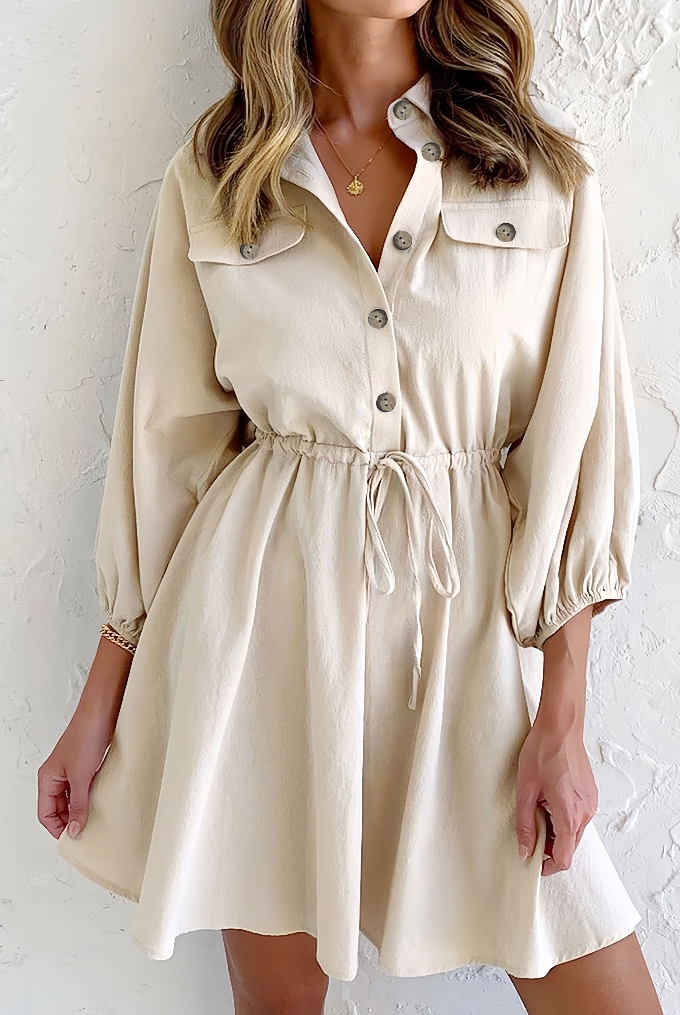 Women's Shirtdress - Button-Down Collared - Long Balloon Sleeves - Elastic Waist Mini Dress by Lumina Vancouver