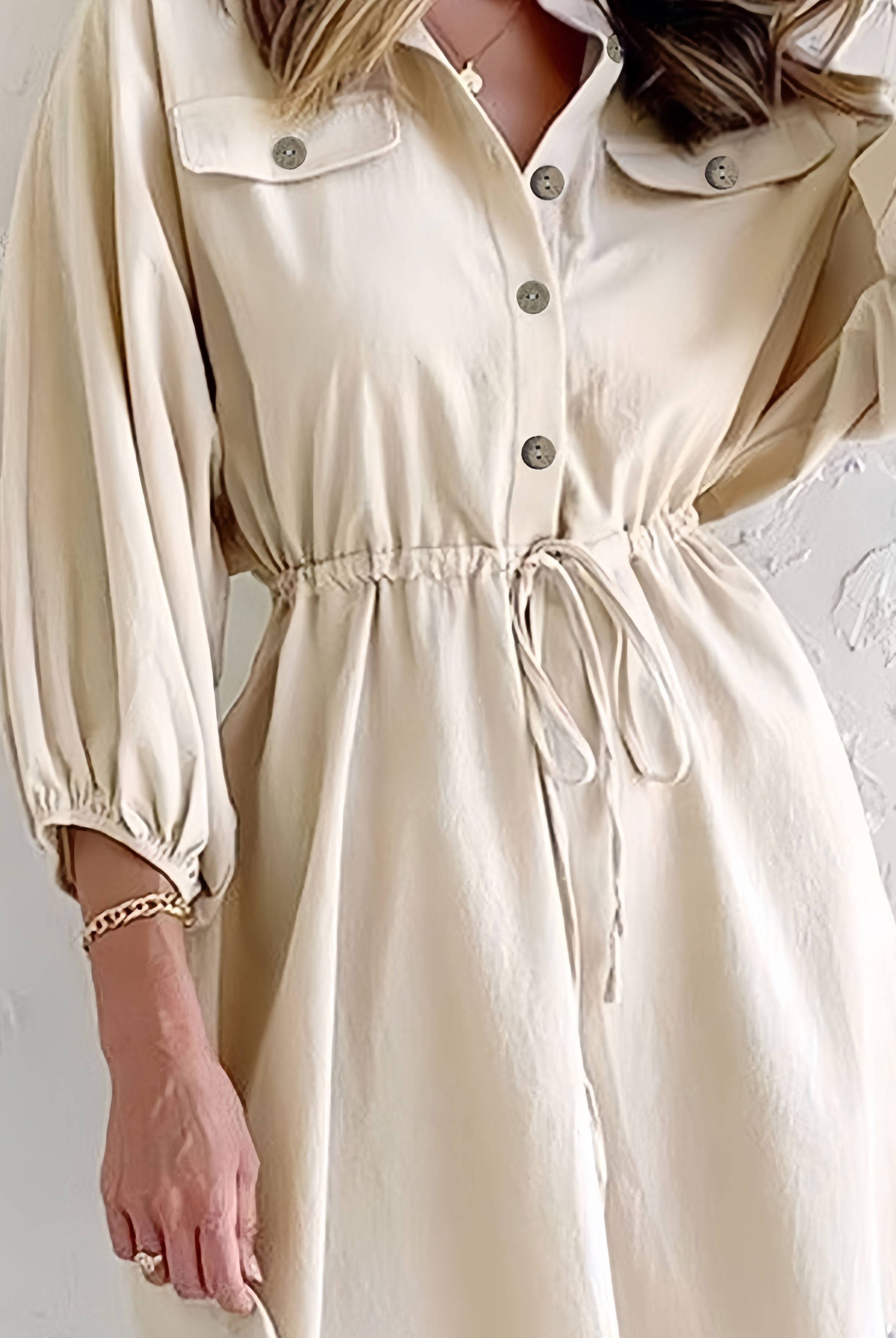 Women's Shirtdress - Button-Down Collared - Long Balloon Sleeves - Elastic Waist Mini Dress by Lumina Vancouver