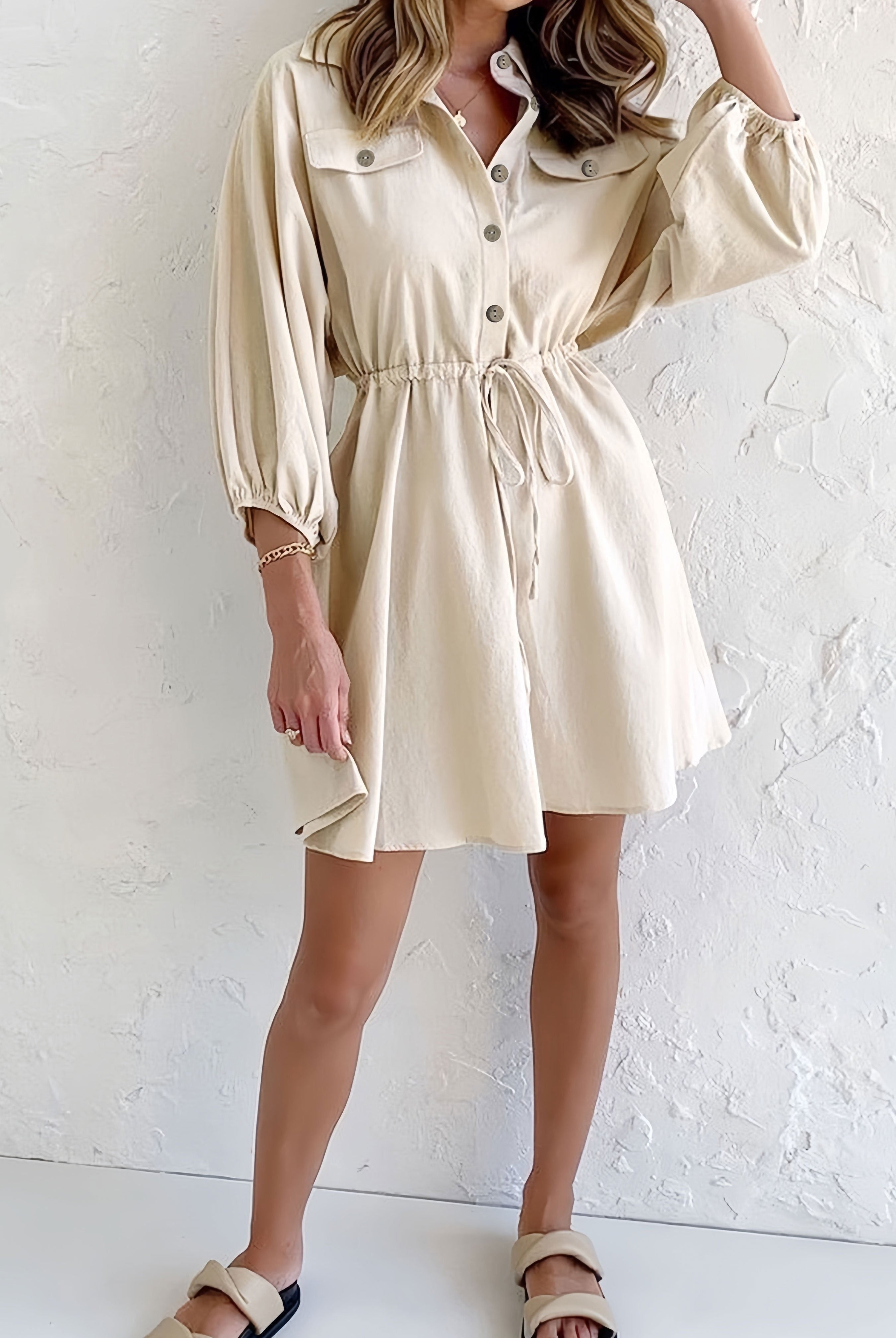 Women's Shirtdress - Button-Down Collared - Long Balloon Sleeves - Elastic Waist Mini Dress by Lumina Vancouver