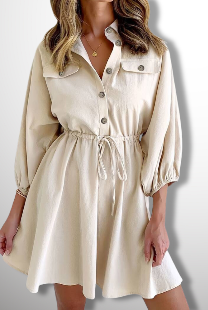 Women's Shirtdress - Button-Down Collared - Long Balloon Sleeves - Elastic Waist Mini Dress by Lumina Vancouver