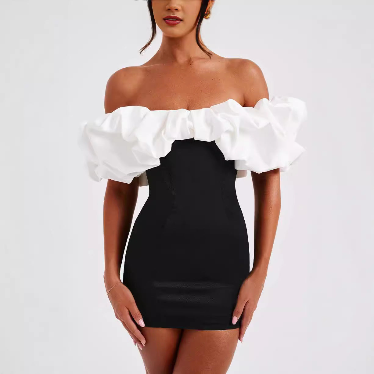 Women’s Mini Dress – Off Shoulder – Ruffled Neckline – Bodycon Slim Fit Party Wear by Lumina Vancouver