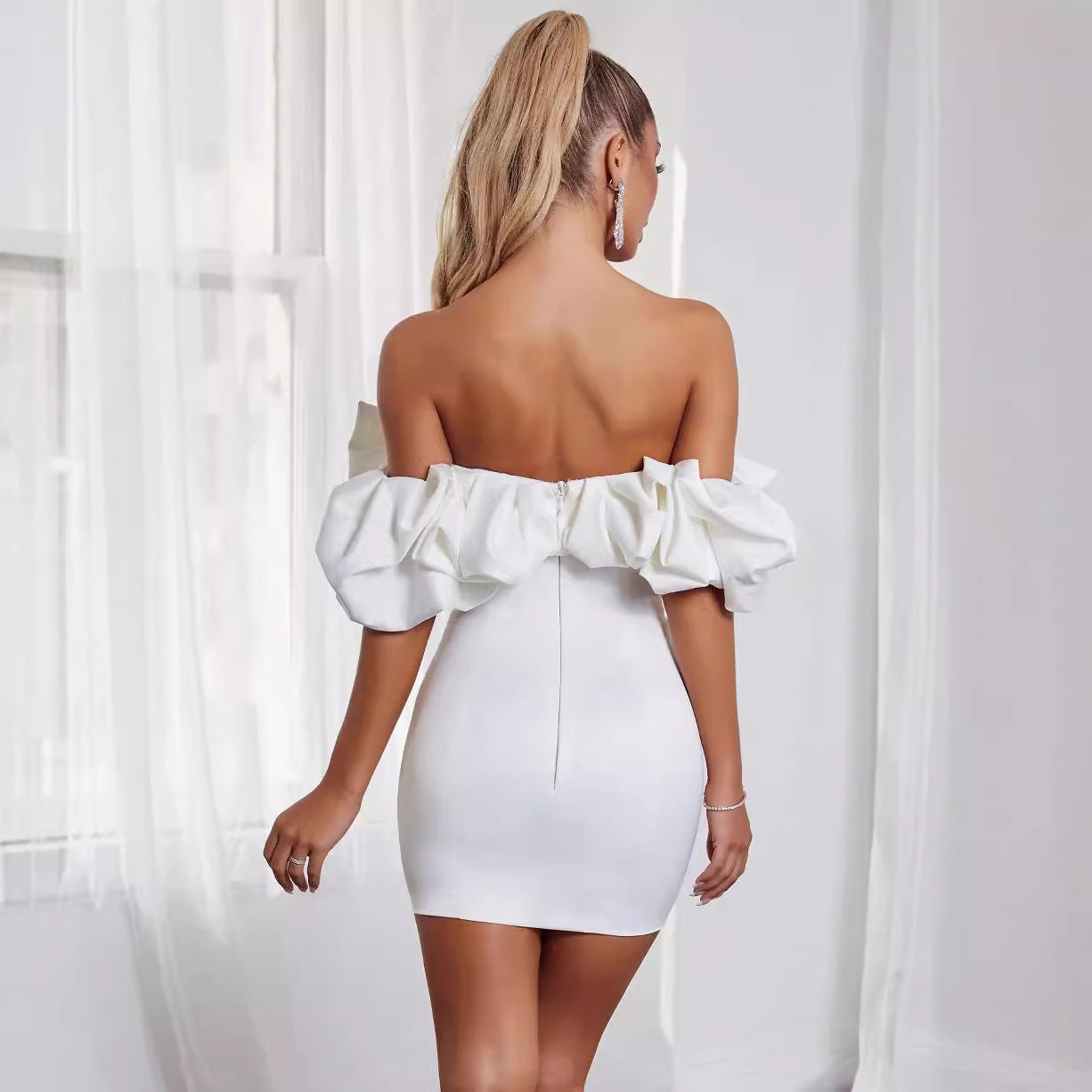 Women’s Mini Dress – Off Shoulder – Ruffled Neckline – Bodycon Slim Fit Party Wear by Lumina Vancouver