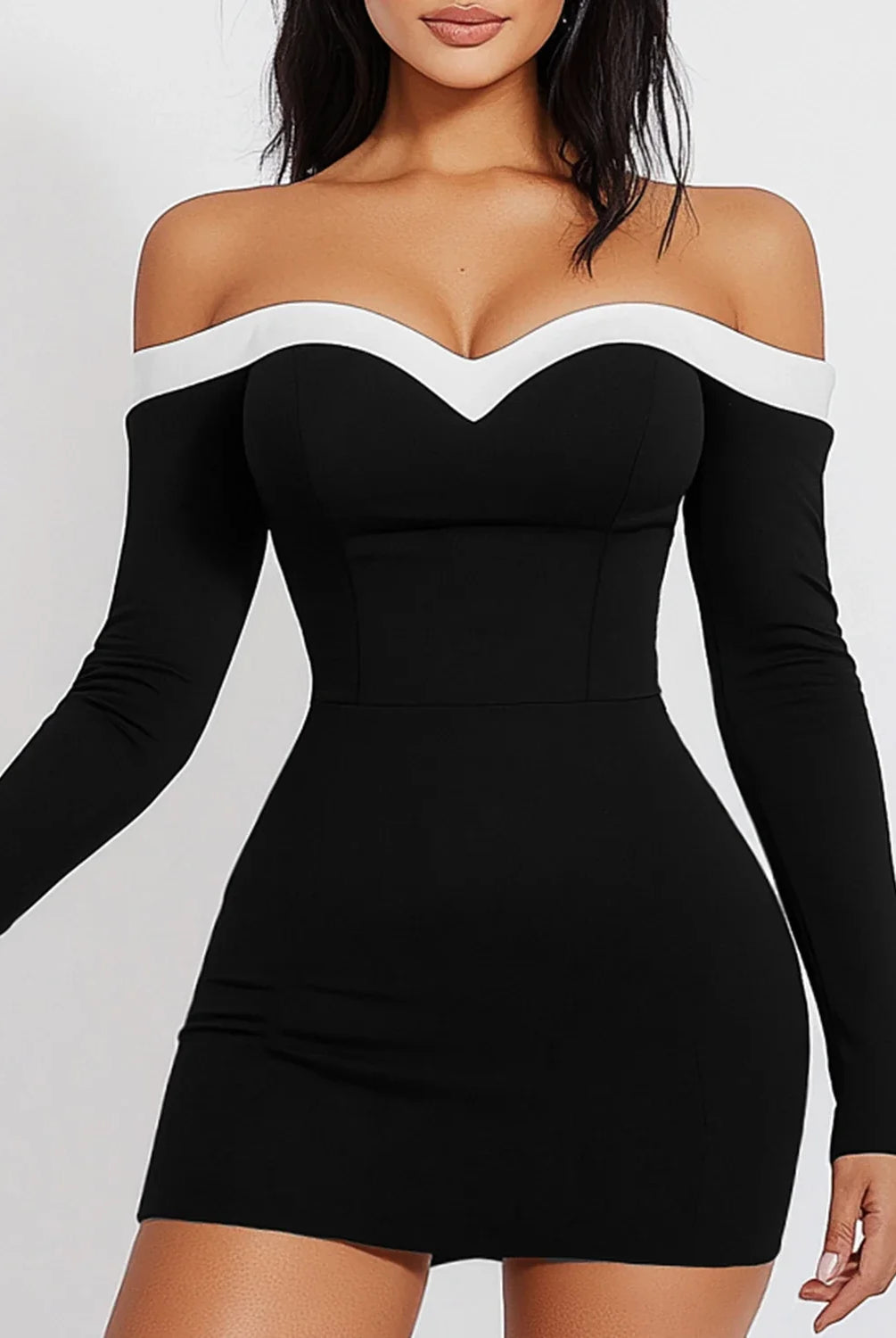 Women’s Bodycon Dress – Off-Shoulder V-Neck – Long Sleeve Stretch Mini Party Wear by Lumina Vancouver