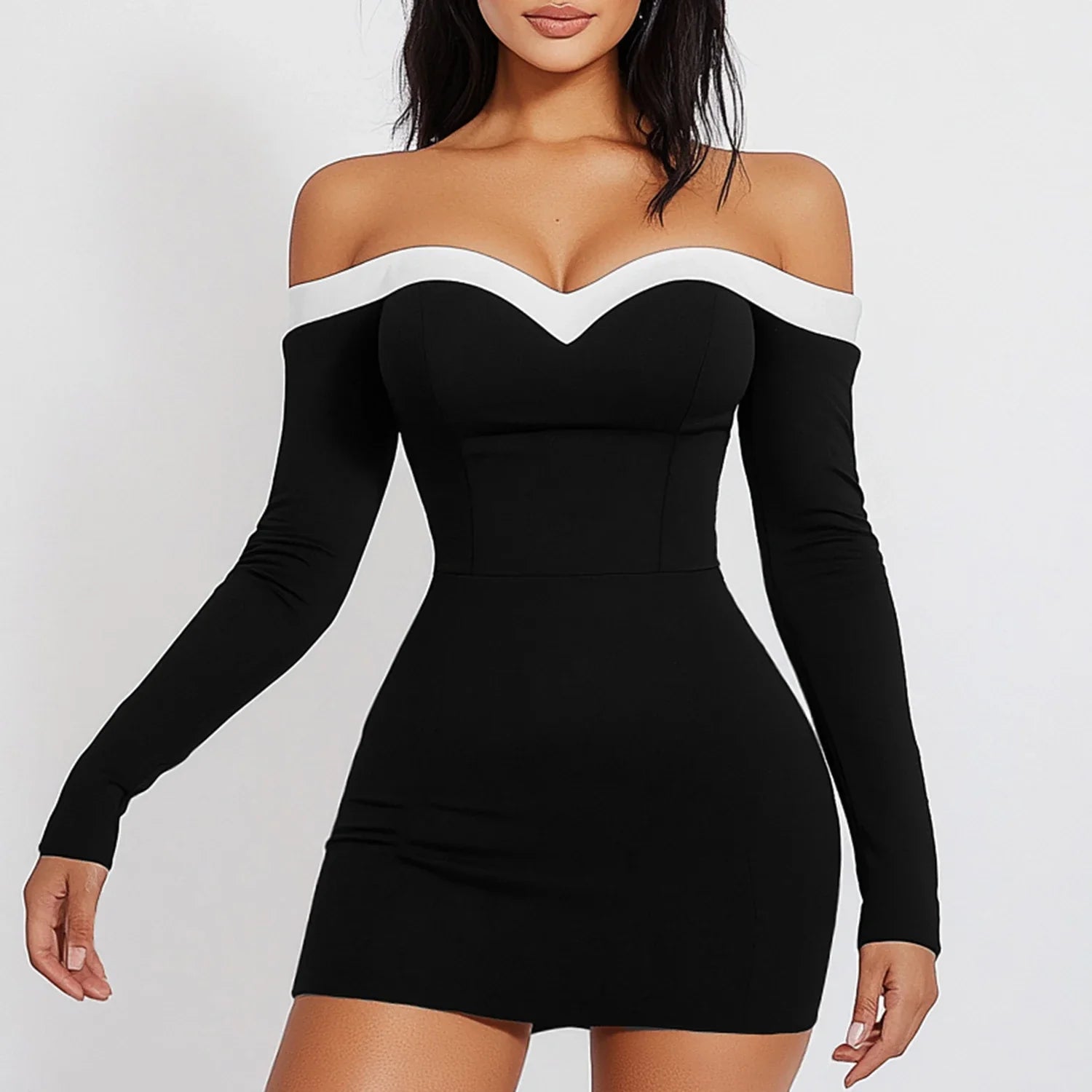 Women’s Bodycon Dress – Off-Shoulder V-Neck – Long Sleeve Stretch Mini Party Wear by Lumina Vancouver