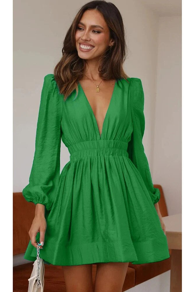 Women's Mini Dress - Fit and Flare - Deep V-Neck - Long Sleeve - Puff Shoulder by Lumina Vancouver