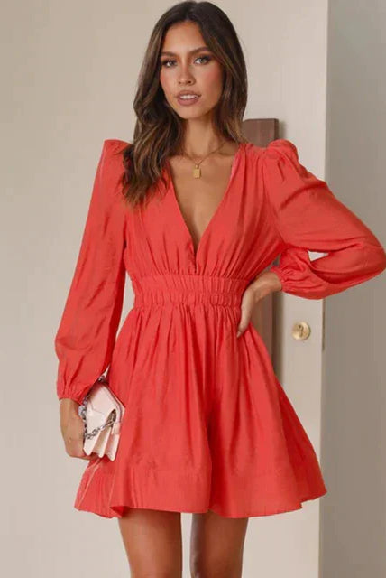 Women's Mini Dress - Fit and Flare - Deep V-Neck - Long Sleeve - Puff Shoulder by Lumina Vancouver
