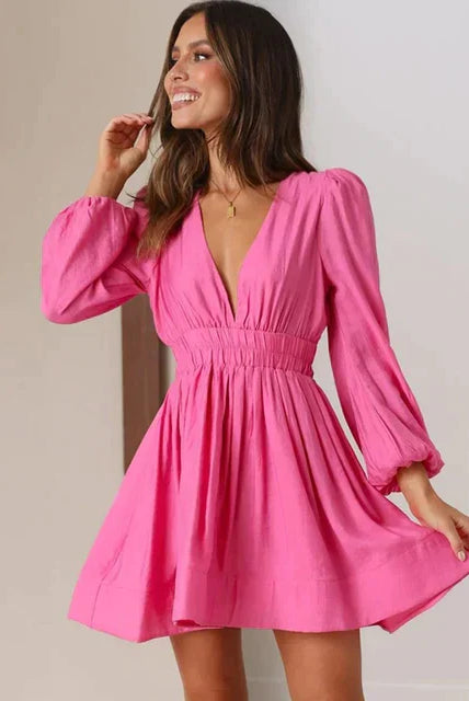 Women's Mini Dress - Fit and Flare - Deep V-Neck - Long Sleeve - Puff Shoulder by Lumina Vancouver