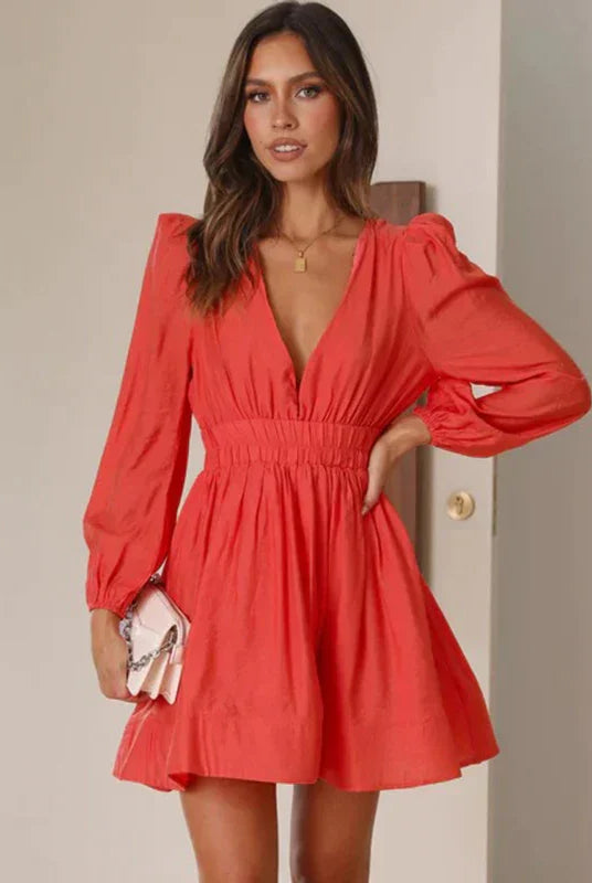 Women's Mini Dress - Fit and Flare - Deep V-Neck - Long Sleeve - Puff Shoulder by Lumina Vancouver