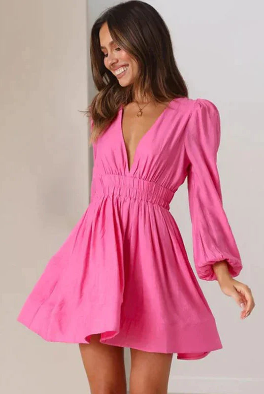 Women's Mini Dress - Fit and Flare - Deep V-Neck - Long Sleeve - Puff Shoulder by Lumina Vancouver