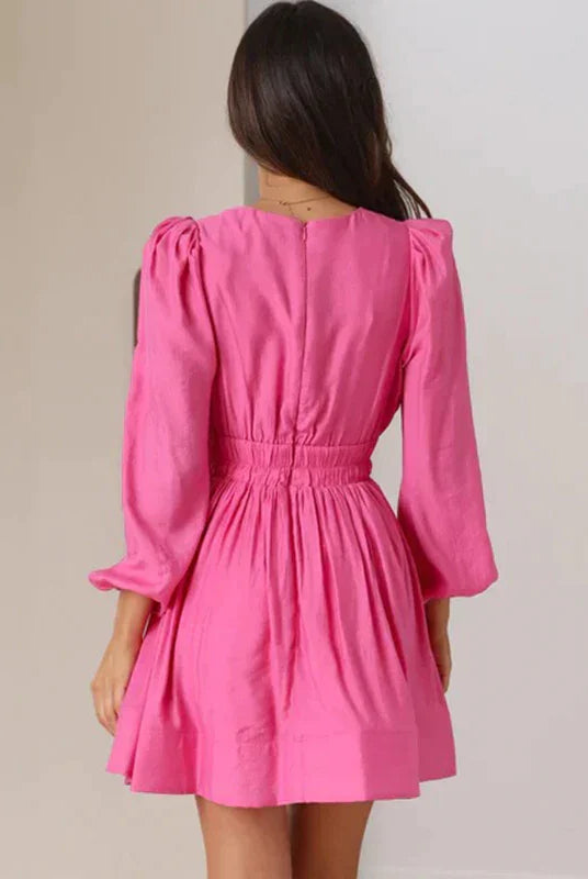 Women's Mini Dress - Fit and Flare - Deep V-Neck - Long Sleeve - Puff Shoulder by Lumina Vancouver