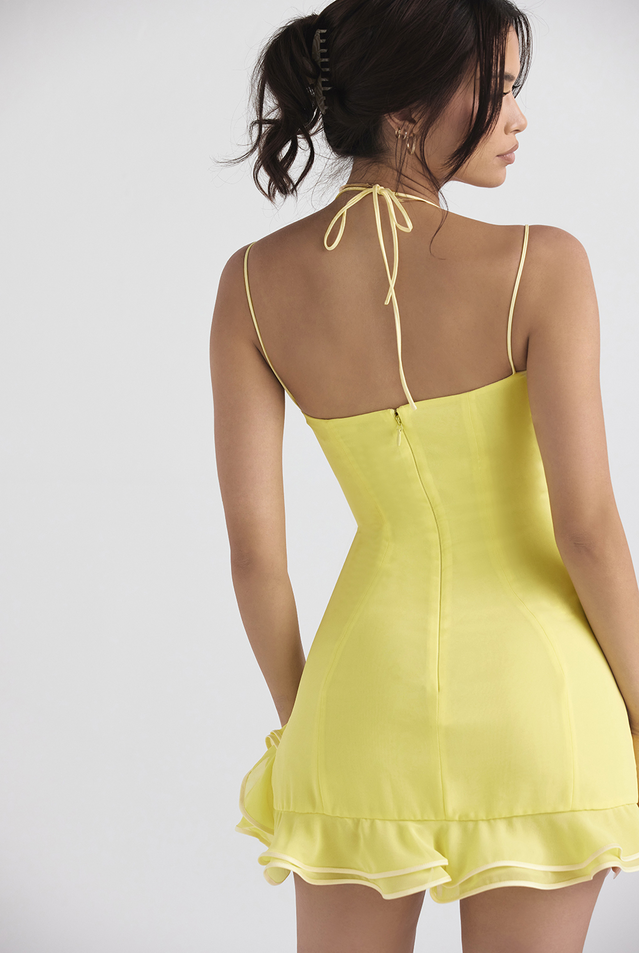 Women's Cocktail Dress - Cowl Neck - Sleeveless Spaghetti Straps - Fitted Silhouette - Ruffle Hem by Lumina Vancouver