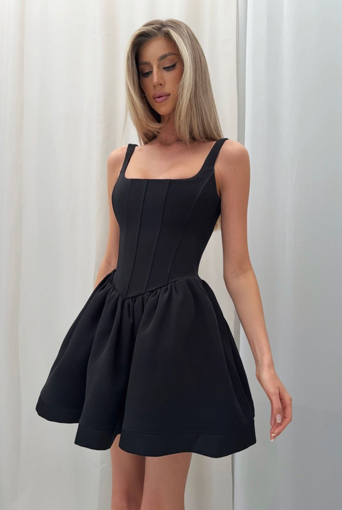 Women’s Mini Dress – Satin – Slim Fit – Sleeveless – Square Neck – Flared Skirt by Lumina Vancouver